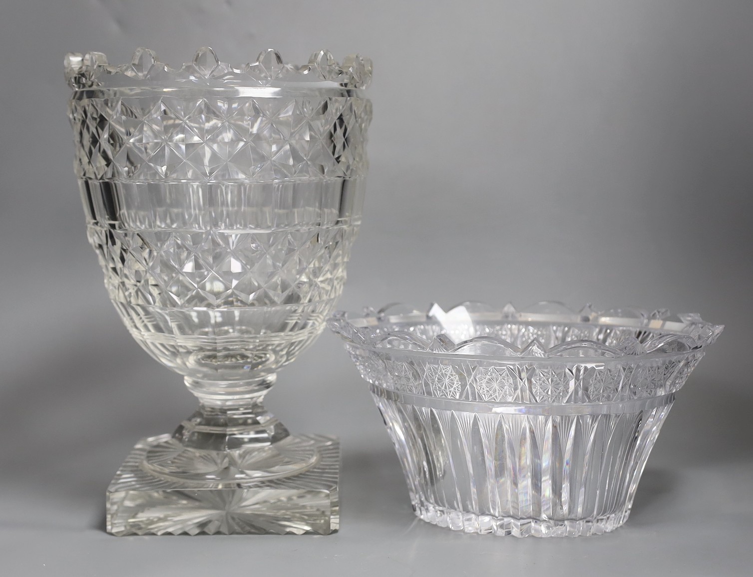 A Victorian cut glass rose vase and a later bowl, tallest 30cm